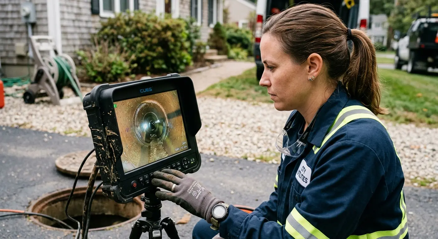 Technician reviewing sewer camera inspection footage in Fall River