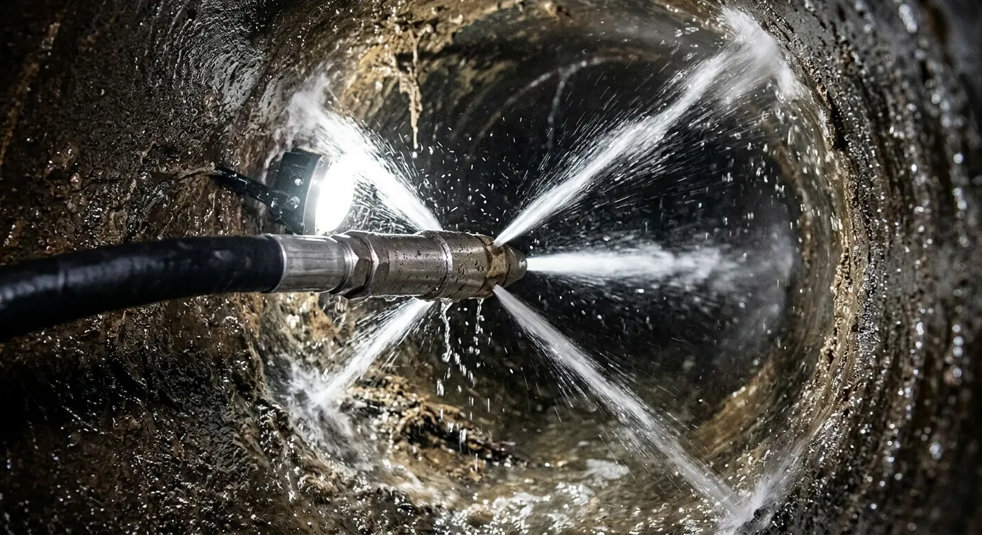 High-pressure hydro jetting nozzle cleaning sewer pipe for Emergency Drain Service in Fall River