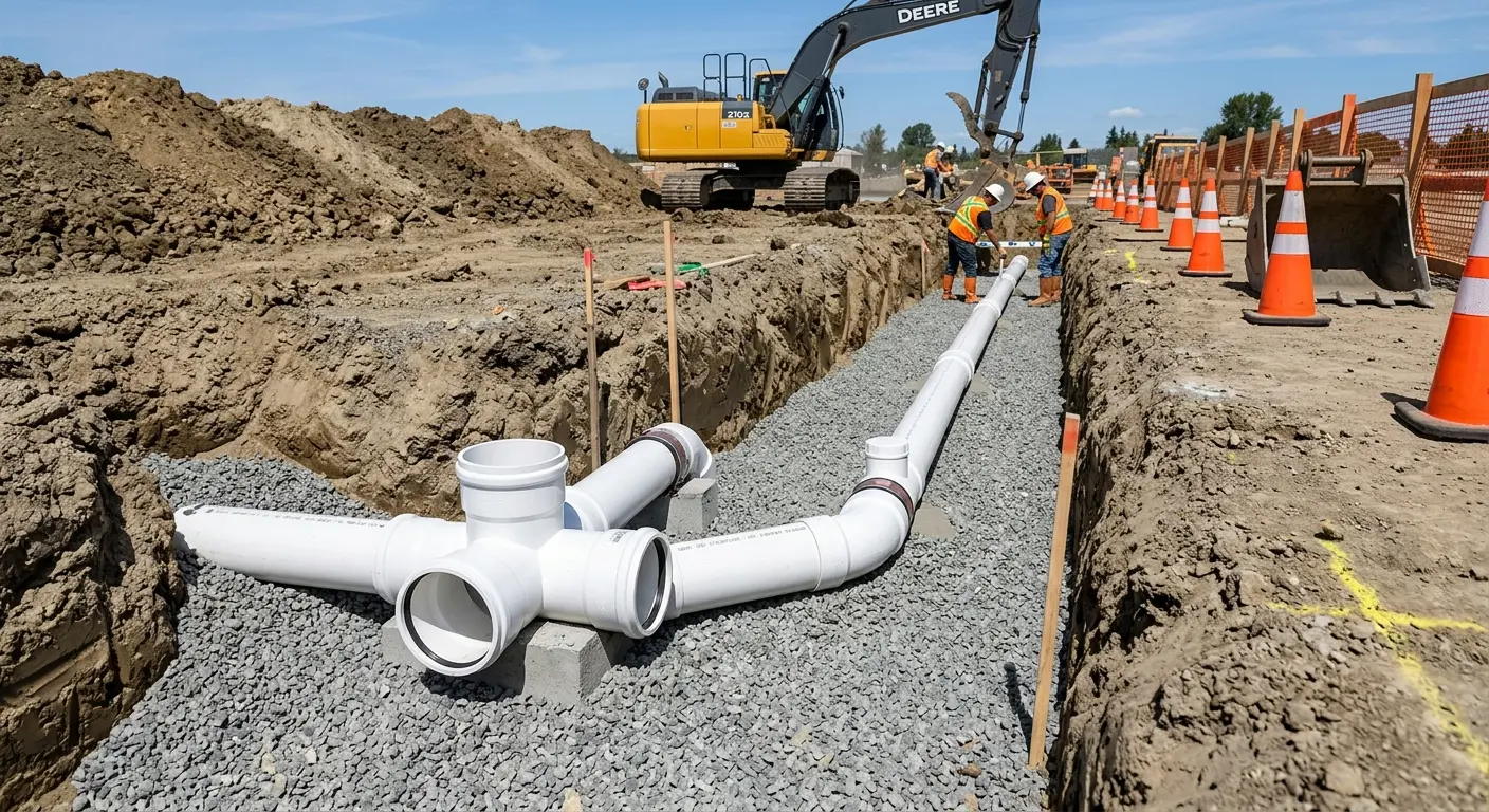 New PVC sewer pipe installation in open trench for Commercial Drain Cleaning in Fall River