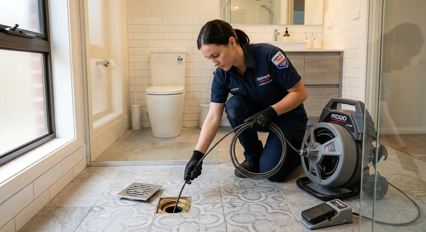 Technician clearing a bathroom floor drain for Hydro Jetting in Fall River